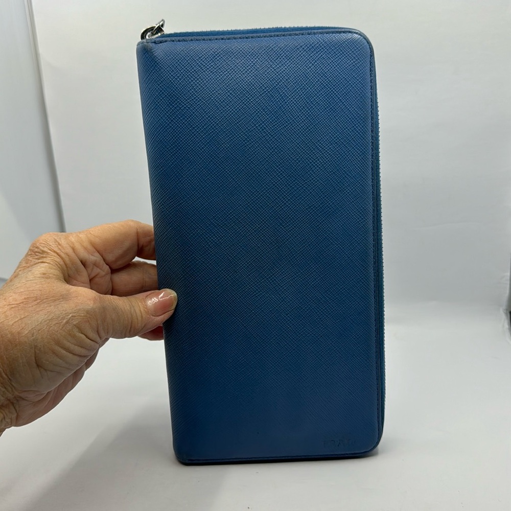 Prada Saffiano Leather Zip Around Blue Organizer 20702